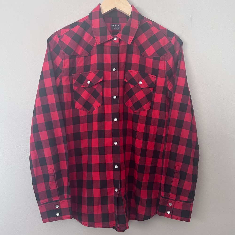 UNTUCKit Hailey Button Down Shirt Womens 8 Red Buffalo Plaid Western Pearl Snap